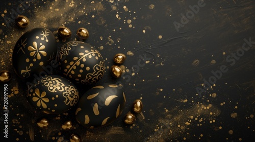 Black easter eggs with golgen floral decor on black background with copy space.