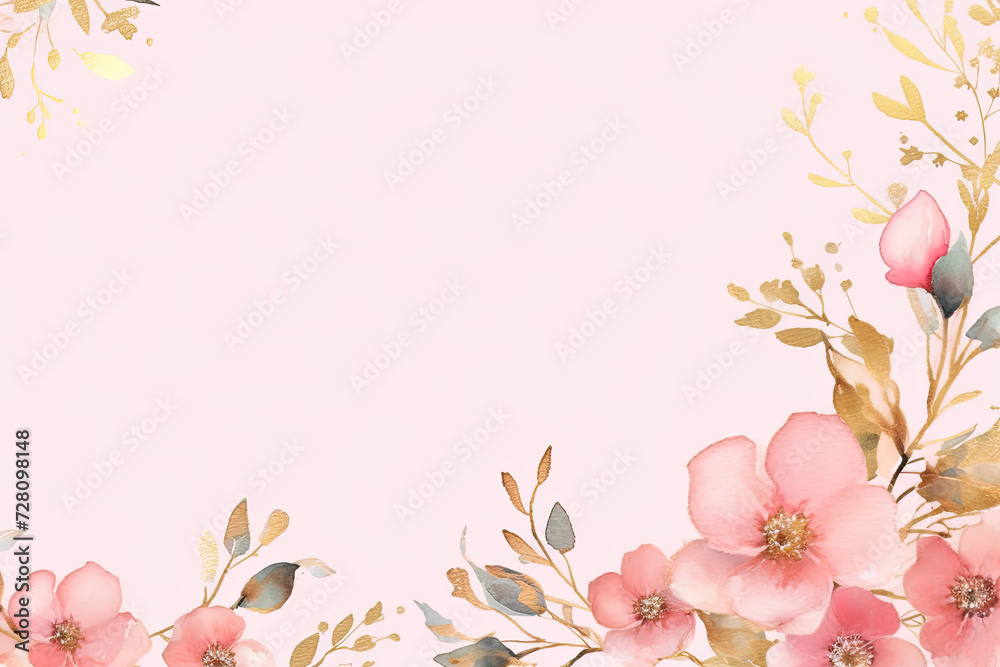 Watercolor delicate flowers and lush leaves intertwine on a pink backdrop, creating a captivating and enchanting scene.