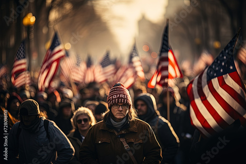 Patriotic Promenade: bustling crowd of people proudly march down the street, each holding a fluttering American flag high above their heads. photo