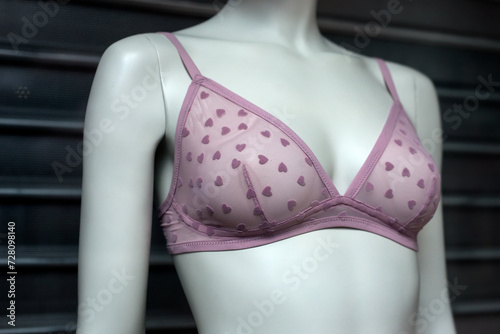 closeup of pink underwear with little hearts on mannequin in a fashion store showroom