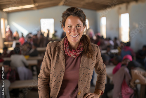 A cheerful teacher stands tall and confident in a busy classroom full of students, in a moment of educational engagement in a developing country.