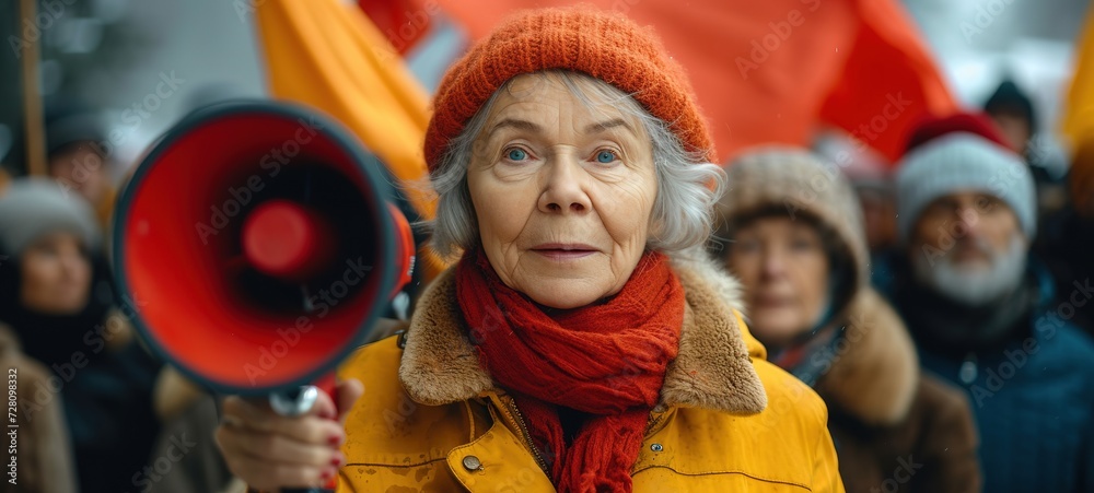 Protest, megaphone and speech of angry black woman at rally. Loudspeaker, revolution and speaking