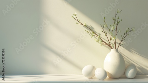 Easter eggs and spring branches in vase on white wall background