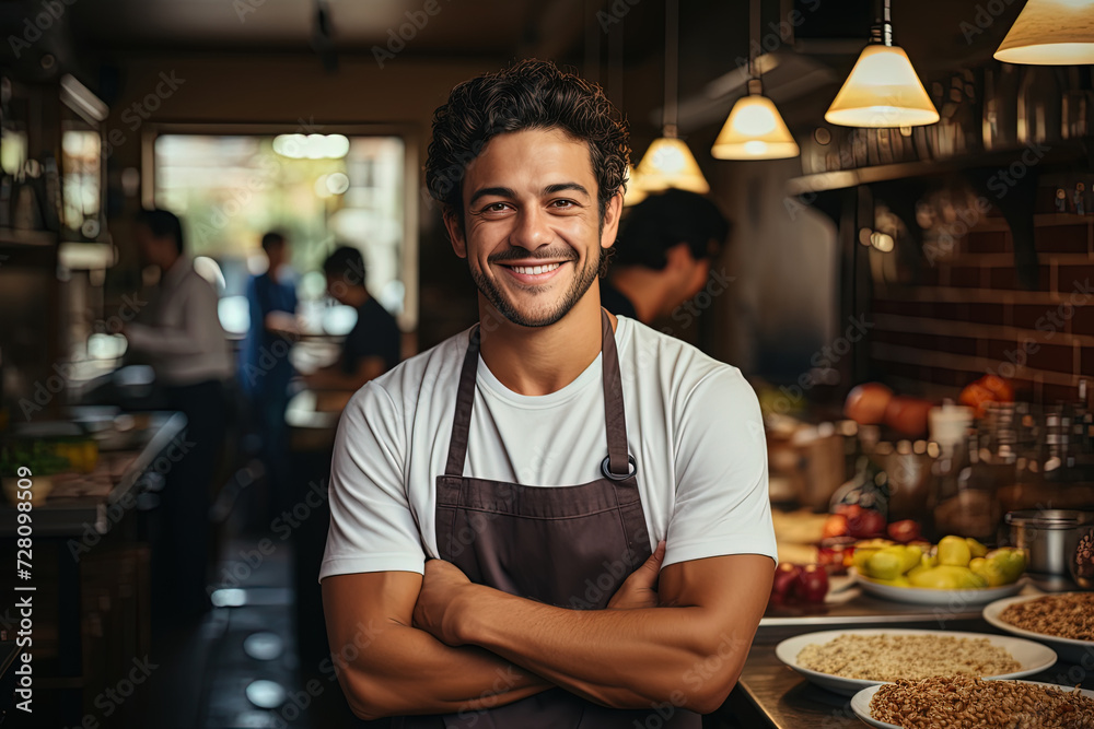 Fototapeta premium Serene Strength: A Mans Commanding Pose in the Heart of the Kitchen