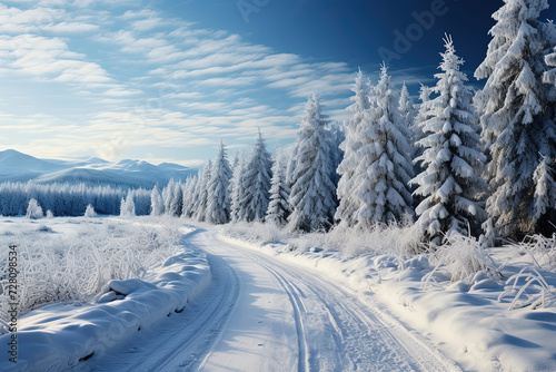 Enchanting Pathway: A Majestic Snowy Road Unfolds Amidst the Forests Frosty Embrace © sommersby