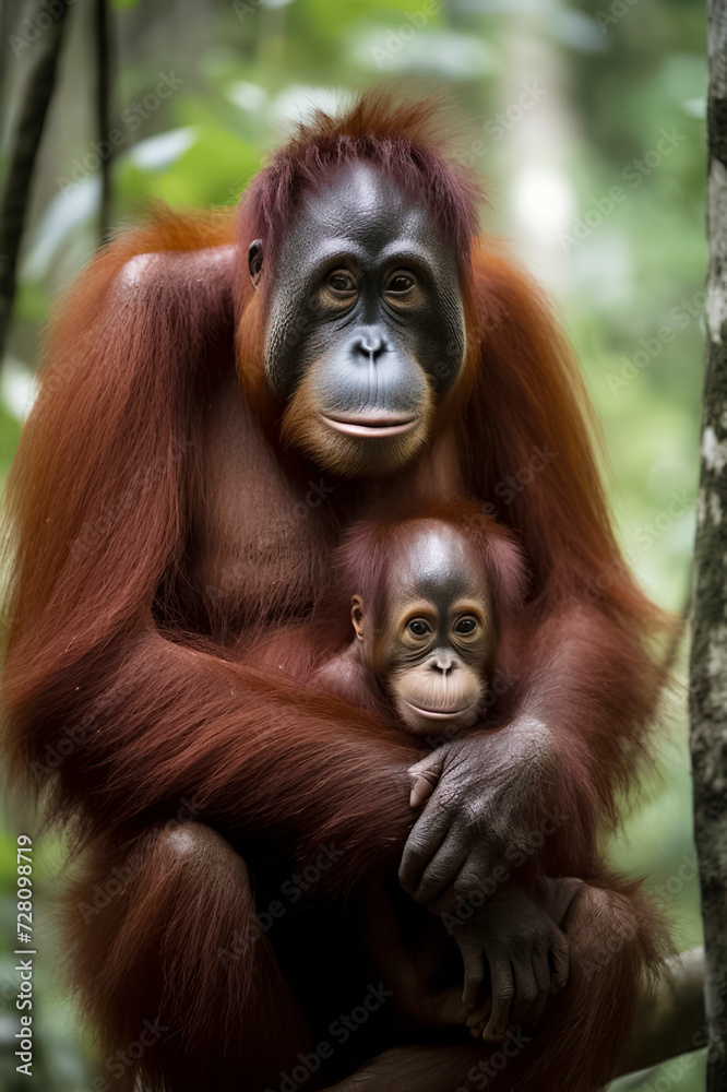 Naklejka premium An orangutan in a forest, sitting, with a censored area on its body, surrounded by greenery, ai generative
