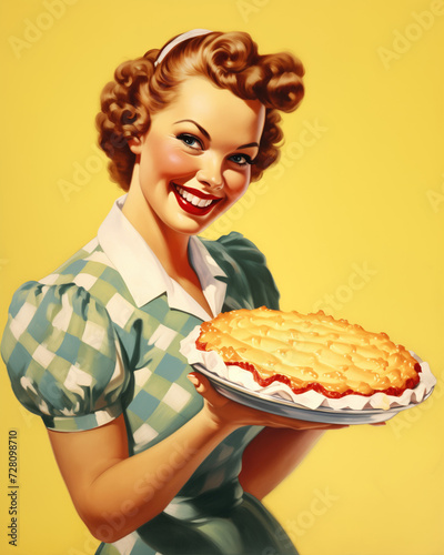 Minimalistic retro 1950's postcard of housewife woman smiling in blue dress and brown hair with pie in her hands on yellow background