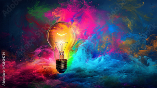 Innovative Blast: Vibrant Paint Splatter from Bulb. Creative colored light bulb explosion with shards and paint, a creative idea. Think different, concept. Business, ideas and the discovery of new 