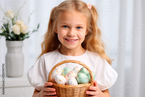 little girl with easter basket full of easter eggs