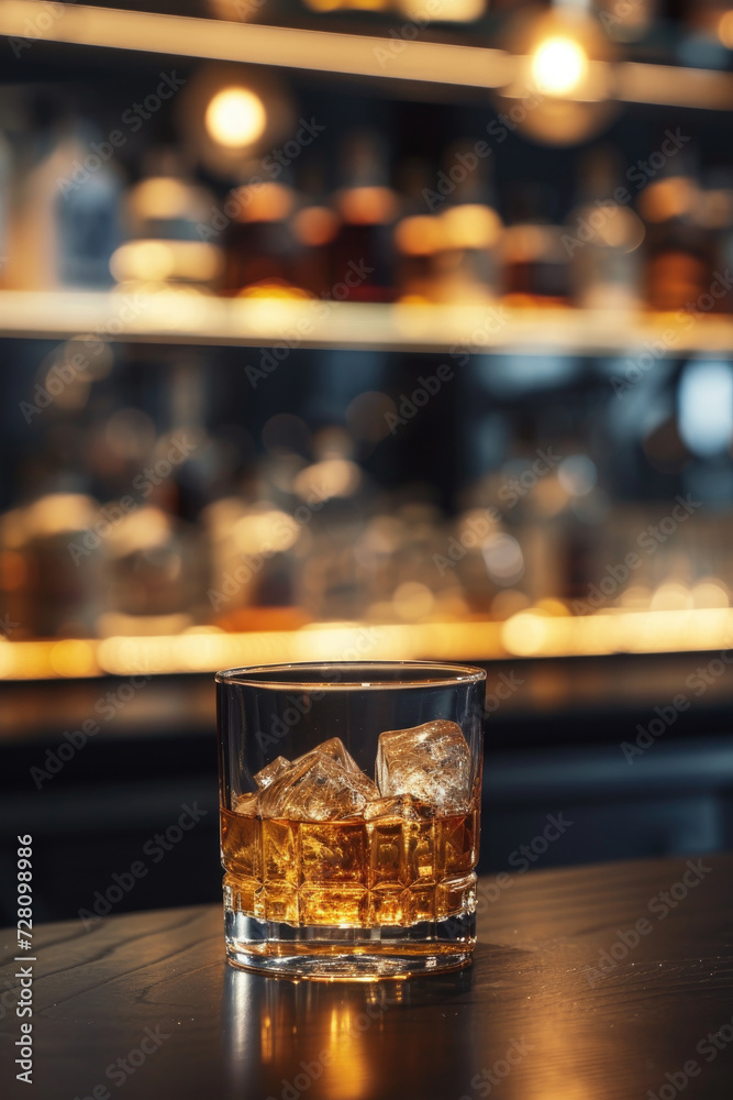 There is a glass of whiskey with ice on the bar. Dark bar. There is a glass of whiskey with ice on the bar. Dark bar.