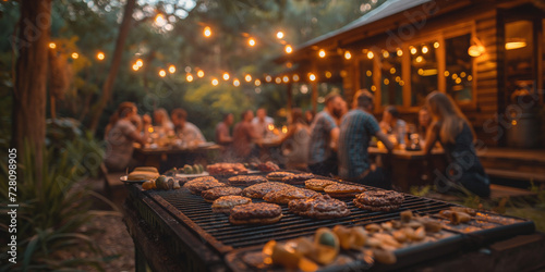 Viele Menschen beim Barbecue Event mit leckeren saftiges Fleisch und Burger auf dem Grill, ai generativ