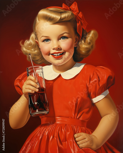 Minimalistic retro vintage postcard of happy smiling child, drinking coke, lemonade and dark red neutral background