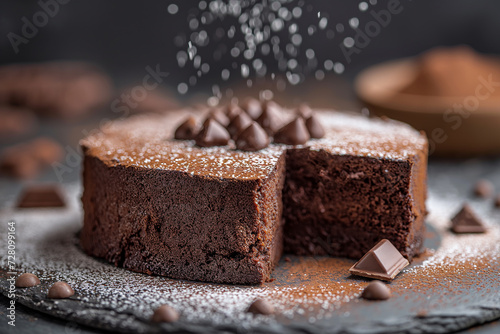 Chocolate cake sprinkled with icing sugar photo