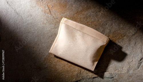 Still life of cosmetic bag on stone surface minimalistic overhead