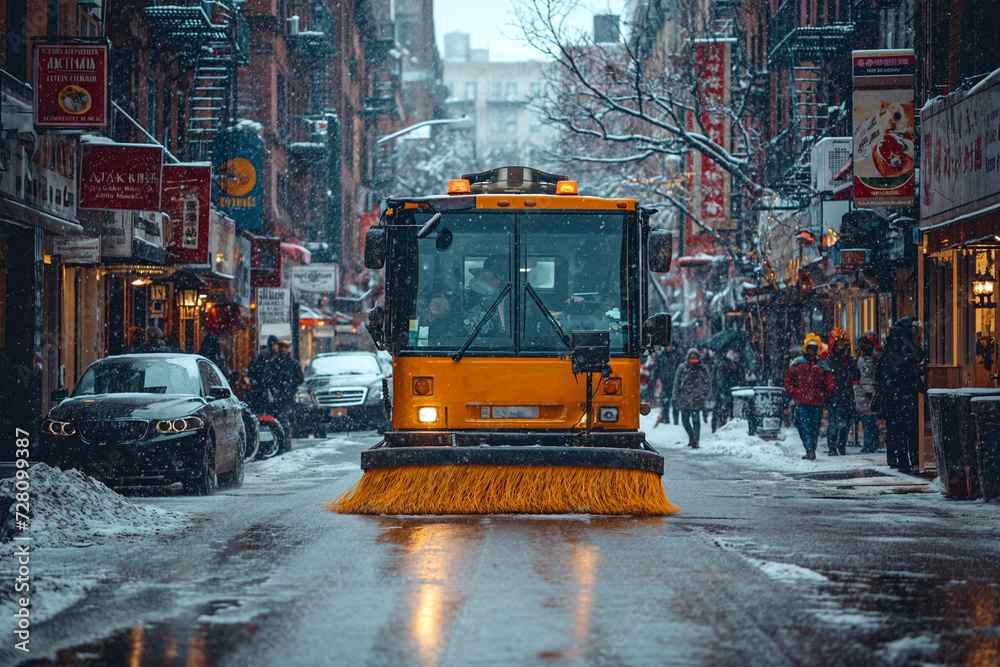 A yellow street cleaning truck cleans the city with brushes A yellow street cleaning truck cleans the city with brushes
