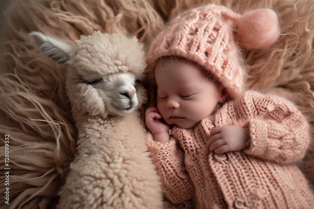 Infant in pink knitted outfit asleep with a baby lama on a peach fuzz background, soft ambiance. Ideal for a baby sleep aid product. Infant in pink knitted outfit asleep with a baby lama on a peach fuzz background, soft ambiance. Ideal for a baby sleep aid product.