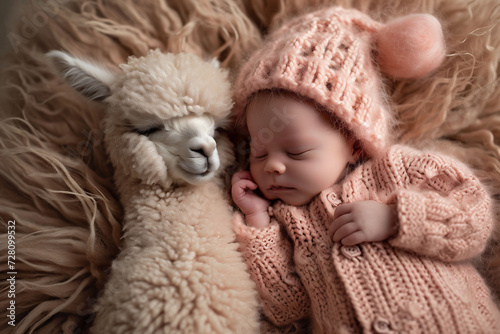 Infant in pink knitted outfit asleep with a baby lama on a peach fuzz background, soft ambiance. Ideal for a baby sleep aid product.