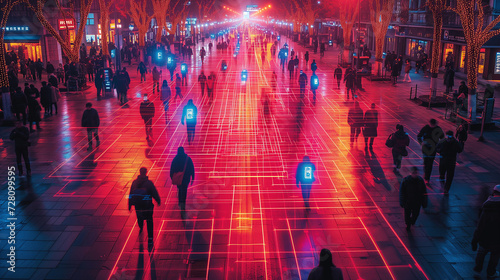 High-tech security on city street, with facial recognition cameras scanning pedestrians