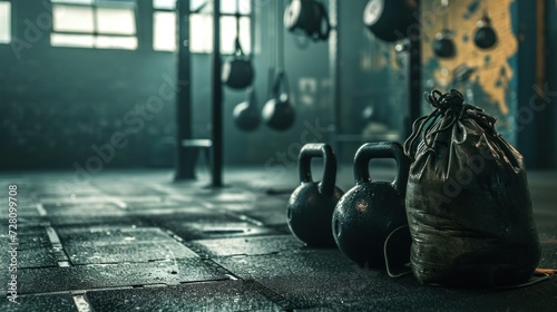 Kettlebells at fitness gym with sand bags photo