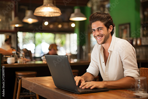 Man smiling at laptop computer at empty cafe table