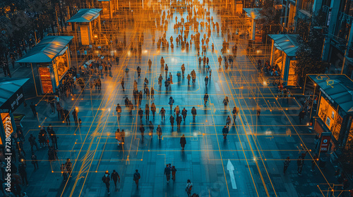 A close-up of facial recognition camera capturing faces in a crowded city environment