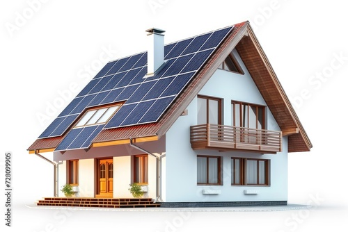 House with solar panels isolated on white background