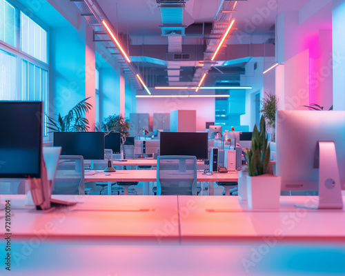 Purple pink blue neon light color workspace with computers and desks.