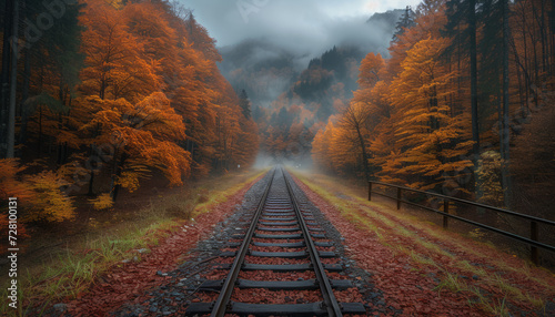 Autumnal Hues Along a Misty Railway Path