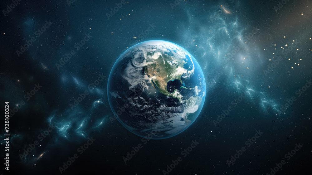 The planet earth and american continent alone in the middle of the dark universe with a starry nebula and unknown space. Universe science astronomy space background wallpaper