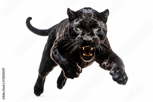 Black Jaguar leaping toward the camera on a white background, feline front portrait	