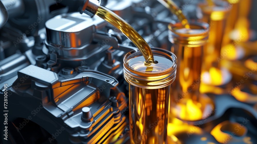 3d illustration of car engine with lubricant oil on repairing. Concept of lubricate motor oil - obrazy, fototapety, plakaty 