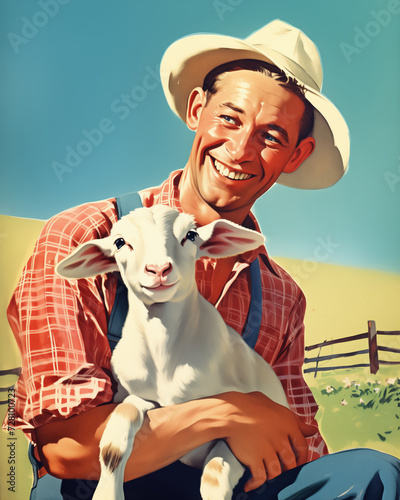 Retro 1950s vintage postcard of smiling elderly man farmer in white hat petting a sheep with blue sky and clowds on background photo