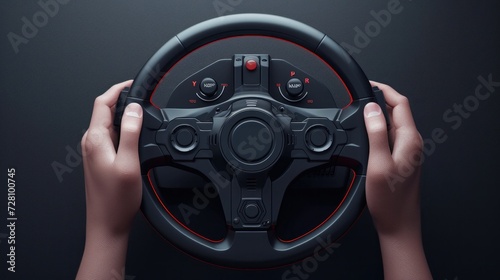 3D Car Steering Wheel in Hands Isolated. Render Black Automobile Steering Wheel with Vehicle Horn and Buttons. Control Drive and Turn. Game Console in Shape of Steering Wheel. Vector Illustration photo