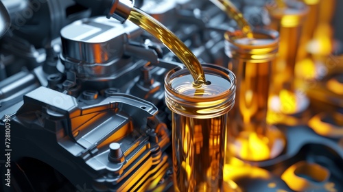 3d illustration of car engine with lubricant oil on repairing. Concept of lubricate motor oil photo