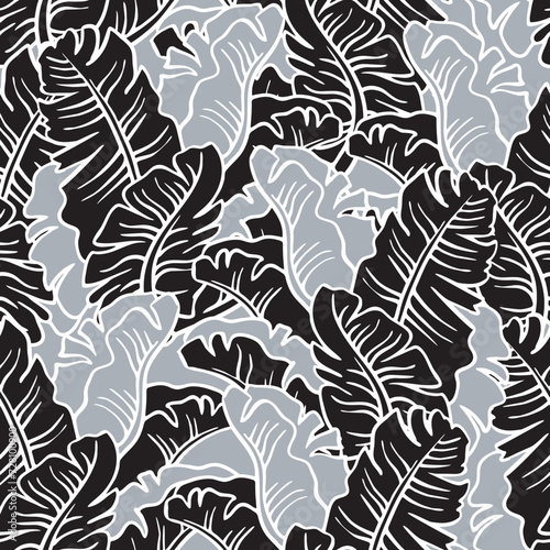 Banana plant leaves vector pattern for textile design, fabric print, wallpaper, digital paper. Palm tree leaf background, jungle vintage style, hand drawn illustration for cafe, spa hotel decoration.