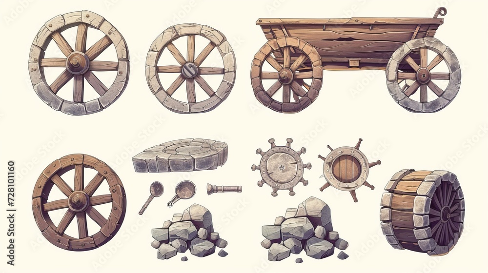Ancient wheel. Wooden wheelbarrow, rusty wagon and old stone wheels. Retro car tires cartoon vector game design assets set of antique wood wheel, old and ancient illustration - obrazy, fototapety, plakaty 