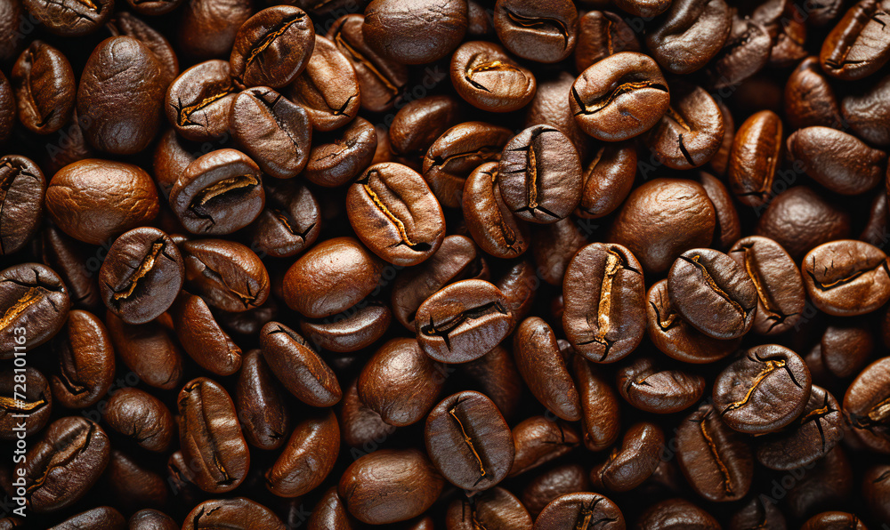 A close-up of coffee beans reveals their complex structure and flavor. Flat lay background A close-up of coffee beans reveals their complex structure and flavor. Flat lay background
