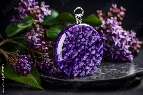 Decoration handmade lilac pendant made of stabilized wood on a granite stone stand realistic HD . photo