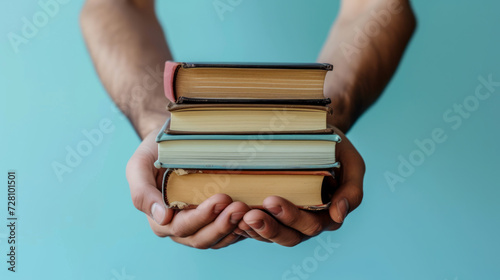 Mans hands holding pile of books over light blue background. Education, library, science, knowledge, studies, book swap photo