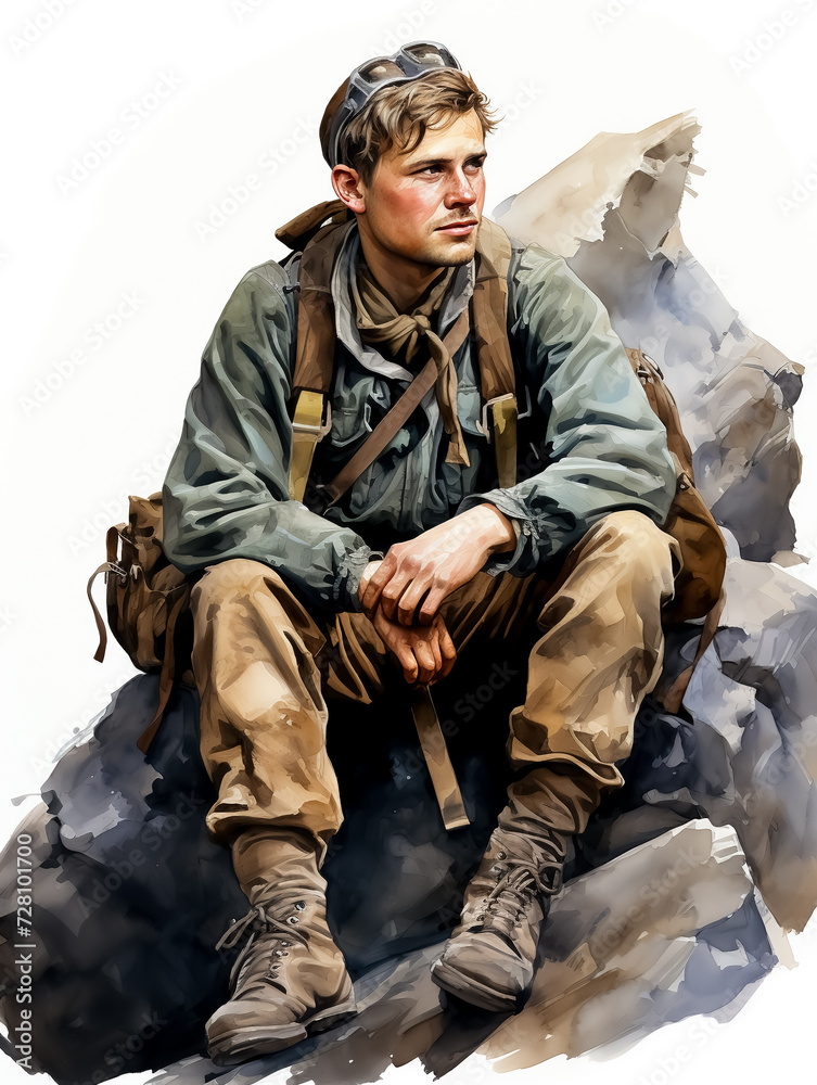 Fototapeta premium A man in hiking gear rests on top of a mountain. Watercolor illustration for a story about the profession of a geologist.