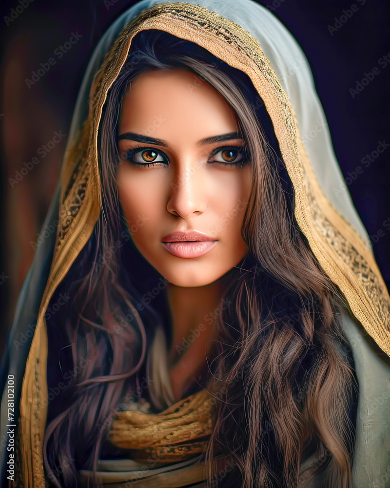 Arabian beauty, close-up, alluring gaze.