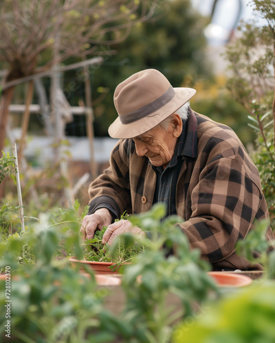 An elderly gardener tending to plants in a community garden, showcasing the wisdom and beauty of a lifelong passion