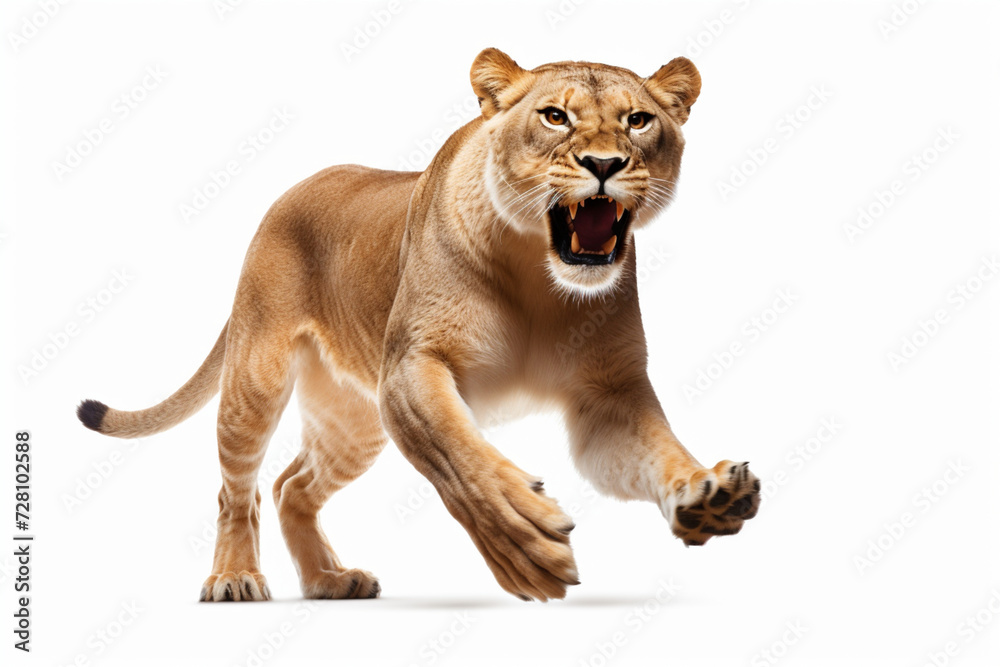 Lioness leaping toward the camera on a white background, feline front portrait. Lioness leaping toward the camera on a white background, feline front portrait.