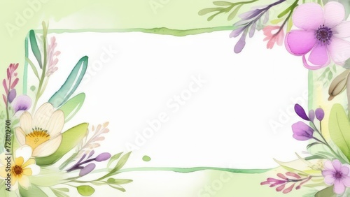 Pastel colors flowers and plants on a card mockup. Card with copy space framed by olive colors flowers and plants