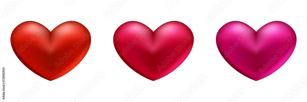Set of 3D hearts in red color on a white background. Vector illustration
