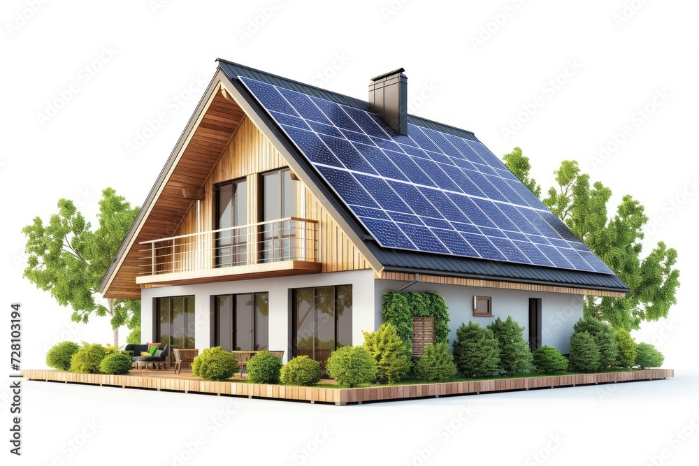 House with solar panels isolated on white background