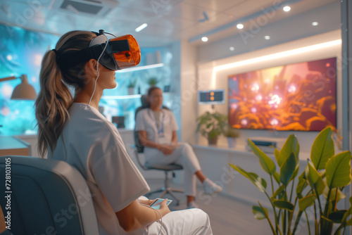 Tele-rehabilitation for a younger woman wearing virtual reality headset showing a walk in a forest. Young caucasian female is using vr goggles for relaxation during rehabilitation session with doctor photo