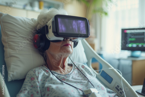 Gamification in healthcare showing older female patient laying in a hospital bed and wearing a virtual reality headset. Caucasian older lady is wearing VR goggles for relaxation during her threatment photo