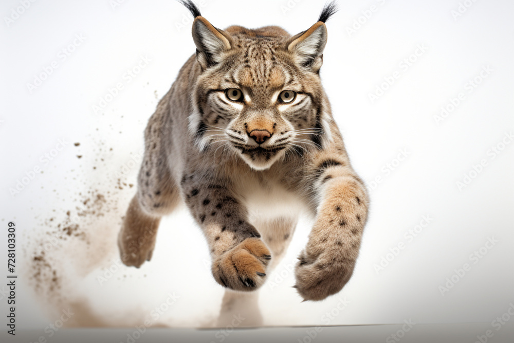 Obraz premium Lynx leaping toward the camera on a white background, feline front portrait.