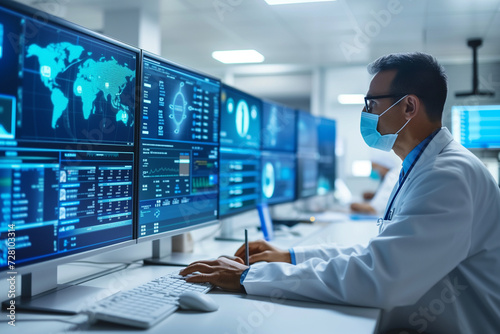 Utilization of big data analytics in healthcare. Older caucasian man wearing a facemark is analysing big data for his research. Male doctor is working on a computer and examine the results of his test photo